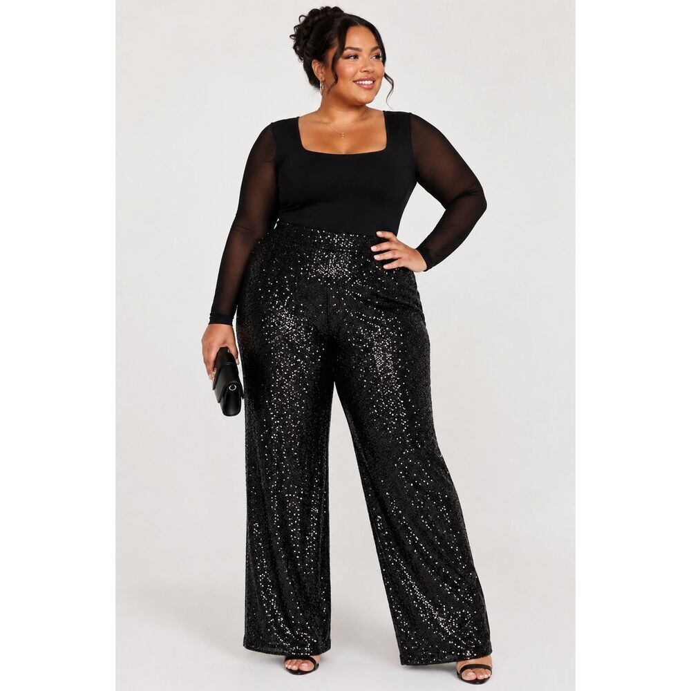 H&M Black Sequin Wide Leg Pants XL High Rise Pull On Party Glam NWT